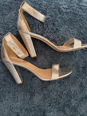 J. Crew  Lanie Metallic Silver Cracked Leather Stacked-Heel Sandals 10.5 NIB